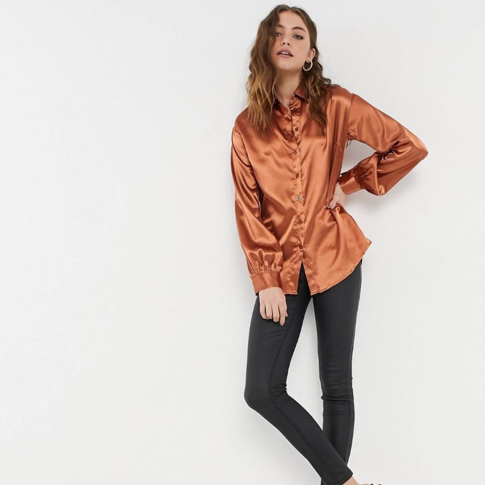 In The Style Exclusive satin oversized shirt in rust
